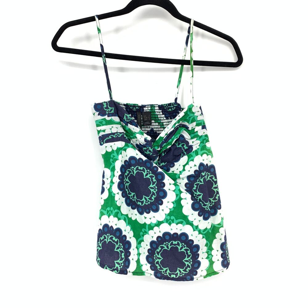 Mng Mango Cami Shirred Back Blouse Womens Size XS Green Blue White Floral Print